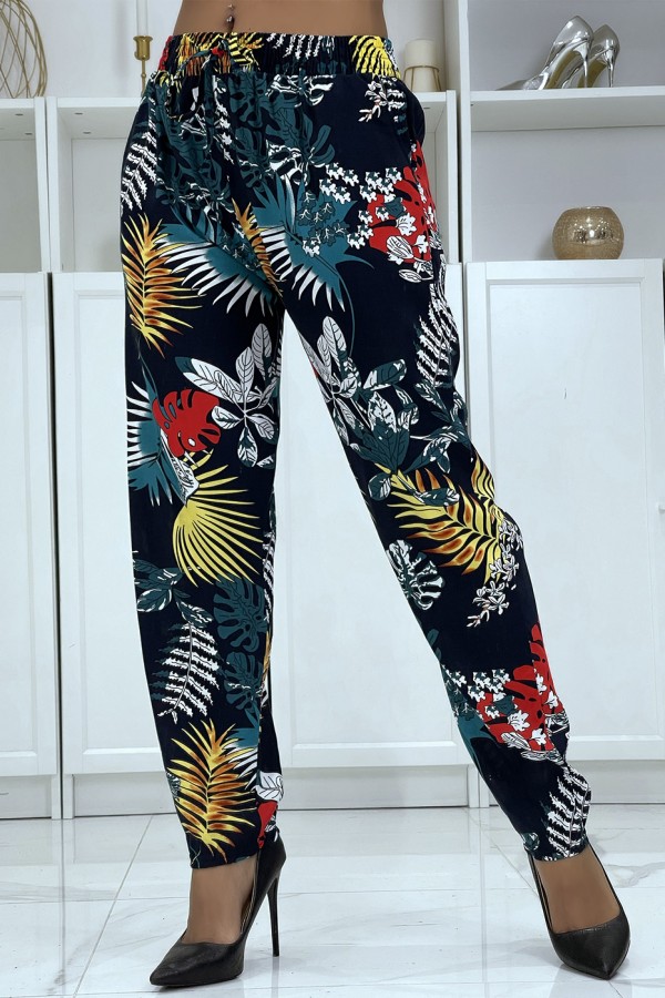 Pantalon fluide marine à motif floral B-5 - 4