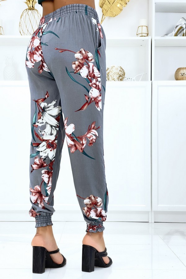 Pantalon gris à fleurs, fluide élastique à la taille et aux chevilles - 3