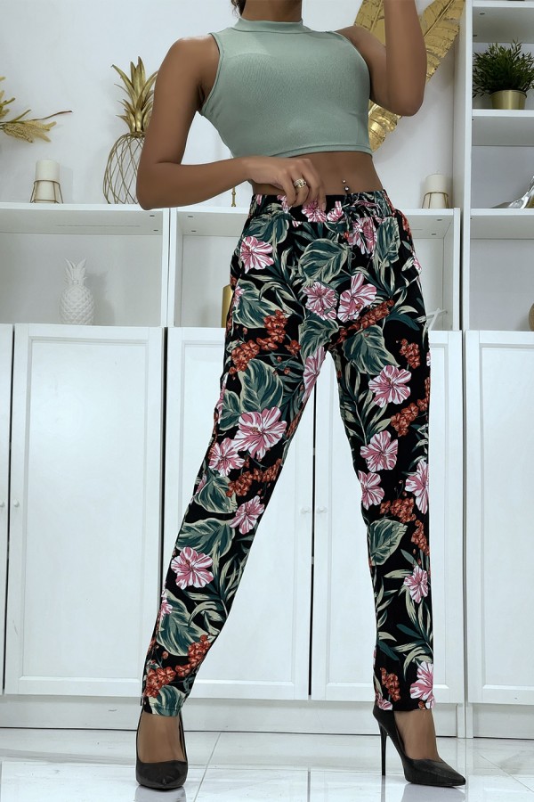 Pantalon fluide noir à motif floral B-21 - 1