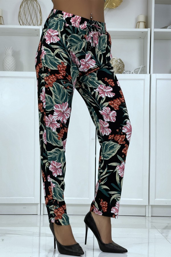 Pantalon fluide noir à motif floral B-21 - 3