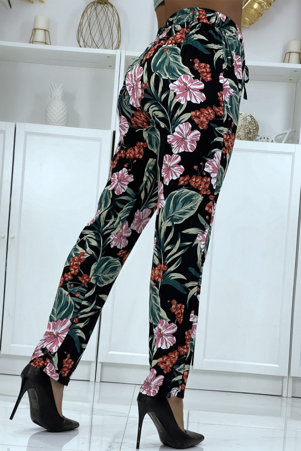 Pantalon fluide noir à motif floral B-21 - 4