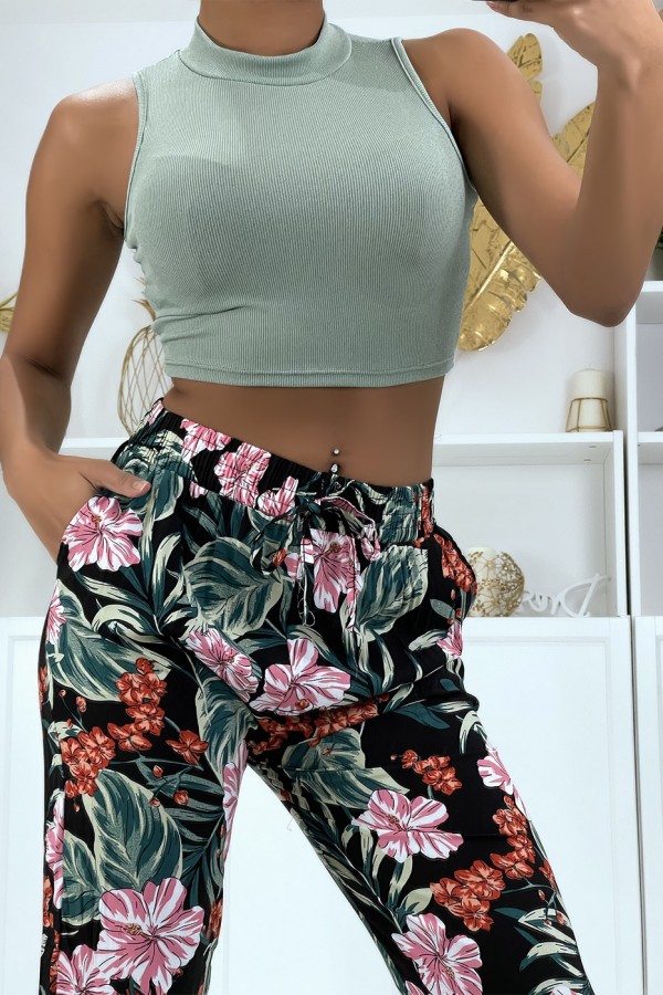 Pantalon fluide noir à motif floral B-21 - 5