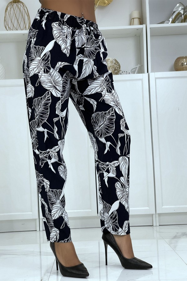 Pantalon fluide marine à motif floral B-31 - 2