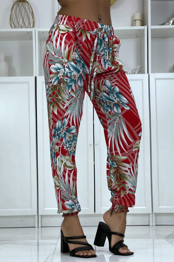 Pantalon fluide rouge à motif floral a-14 - 4