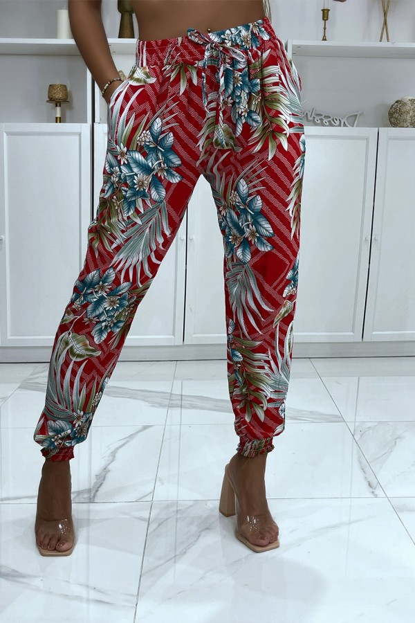 Pantalon fluide rouge à motif floral a-14 - 5