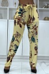 Pantalon fluide jaune à motif floral B-36 - 1