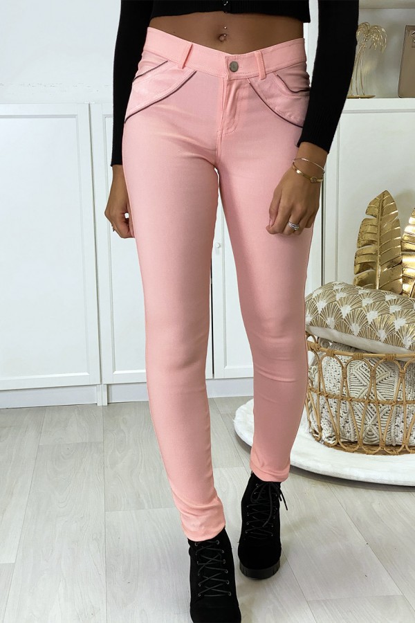 Pantalon slim rose en strech avec zip et suédine à l'avant - 2