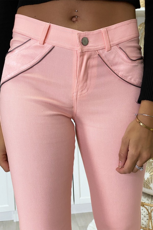 Pantalon slim rose en strech avec zip et suédine à l'avant - 3