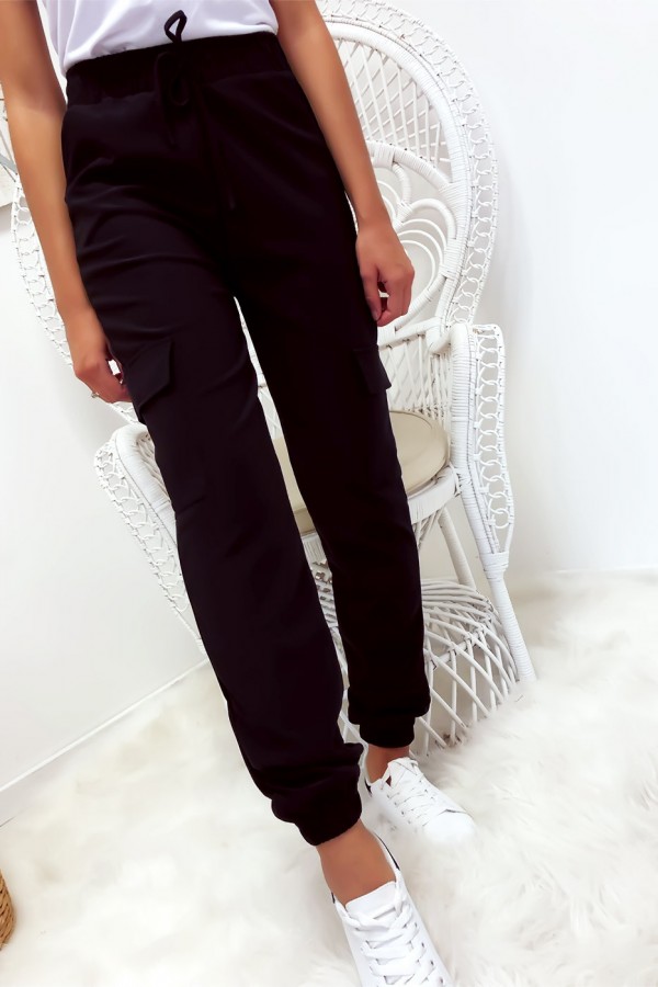 Pantalon treillis en noir avec poches et lacet - 2