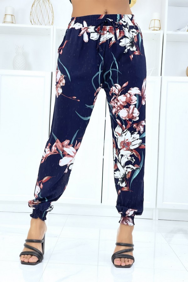 Pantalon marine à fleurs, fluide élastique à la taille et aux chevilles  - 1