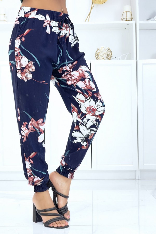 Pantalon marine à fleurs, fluide élastique à la taille et aux chevilles  - 3