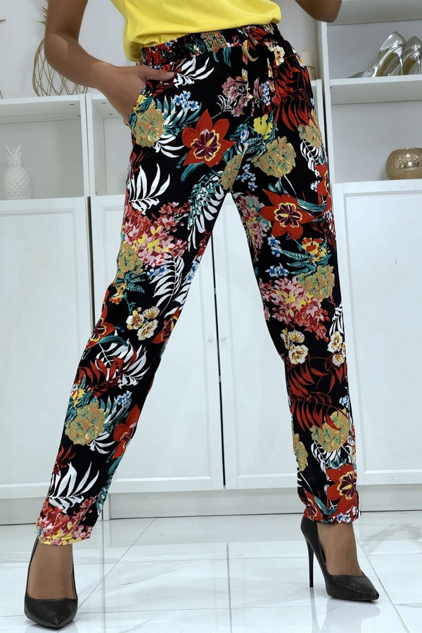 Pantalon fluide noir à motif floral B-59 - 2