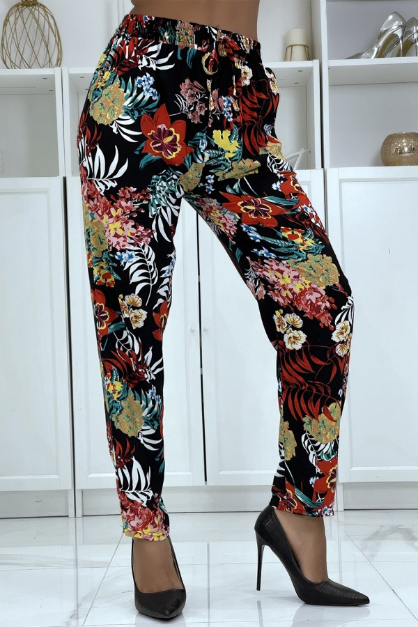 Pantalon fluide noir à motif floral B-59 - 6