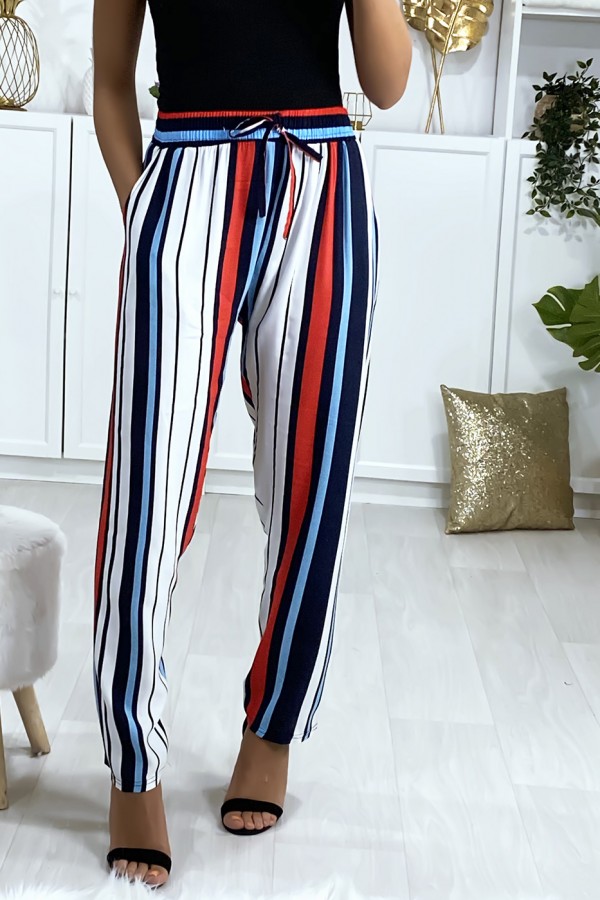 Pantalon rayé en coton bleu rouge blanc avec poches - 2