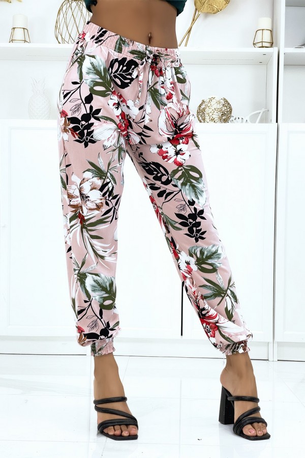 Pantalon rose à fleurs, fluide élastique à la taille et aux chevilles  - 2