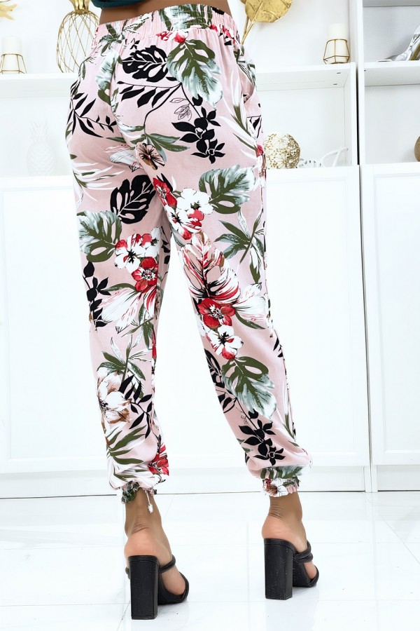 Pantalon rose à fleurs, fluide élastique à la taille et aux chevilles  - 3