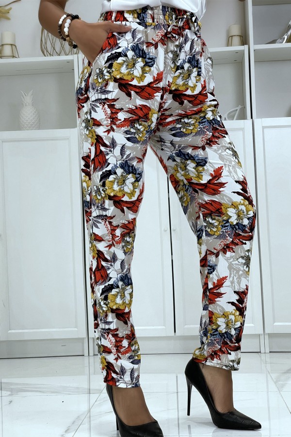 Pantalon fluide blanc à motif floral B-59 - 3