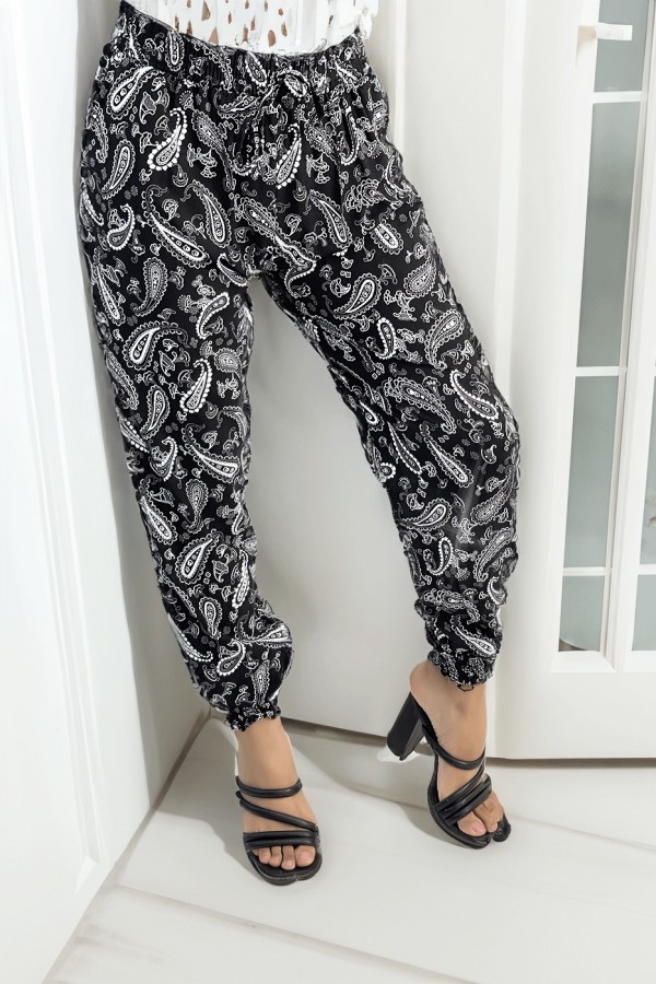 Pantalon fluide noir à motif aztèque avec joli noeud à la taille - 2