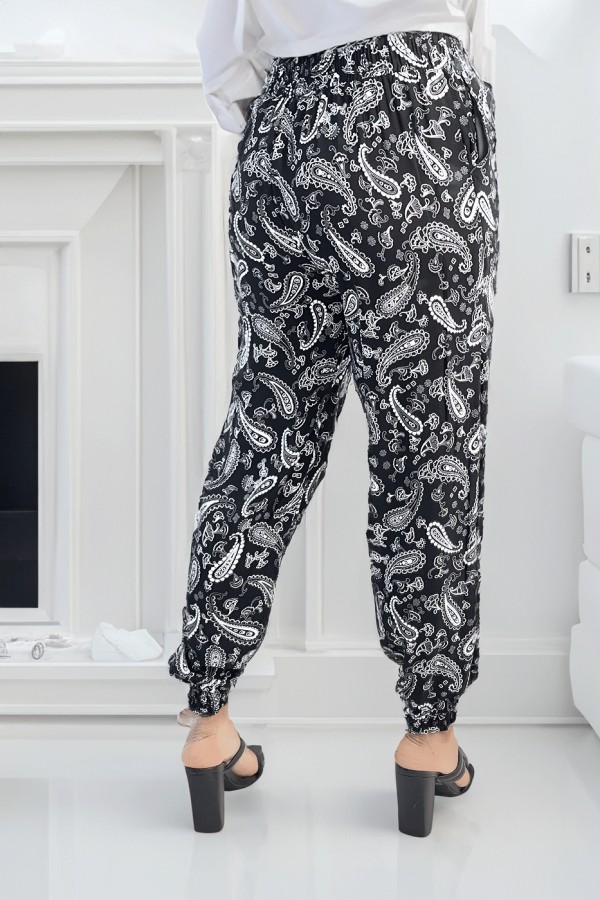 Pantalon fluide noir à motif aztèque avec joli noeud à la taille - 3