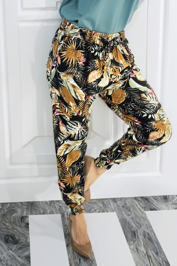 Pantalon fluide noir à motif tropical multicolore - 2