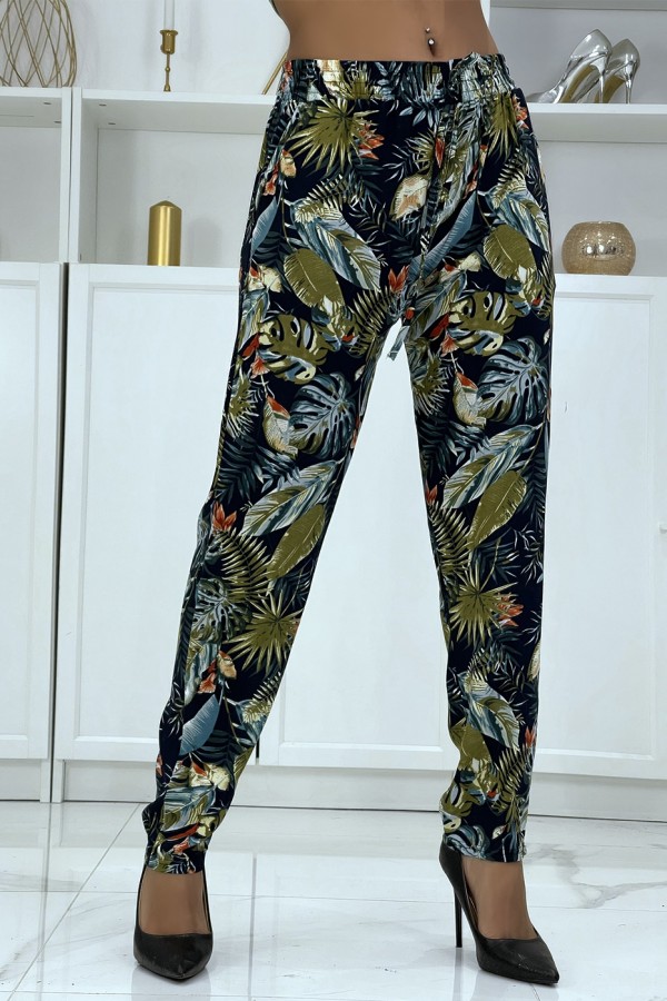 Pantalon fluide marine à motif floral B-23 - 1