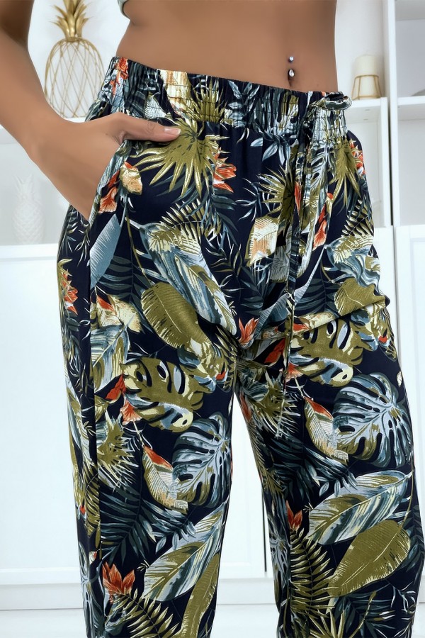 Pantalon fluide marine à motif floral B-23 - 5