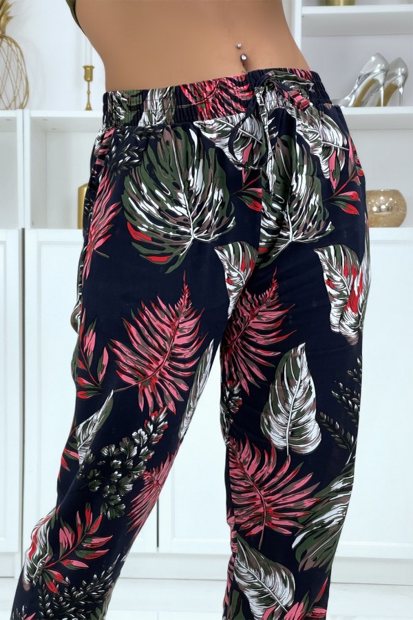 Pantalon fluide marine à motif floral B-15 - 4