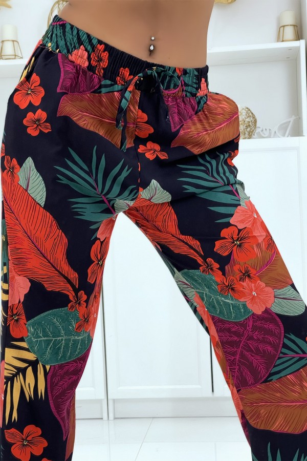 Pantalon fluide noir/rouge à motif floral B-24 - 3