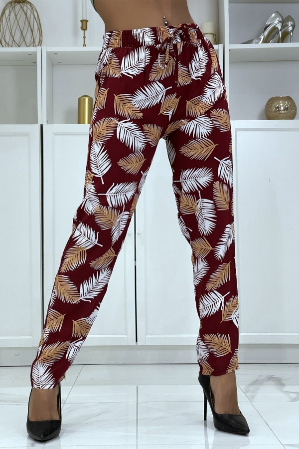 Pantalon fluide rouge à motif floral B-28 - 1