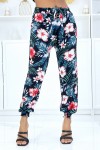 Pantalon noir à motif floral, fluide élastique à la taille et aux chevilles  - 1