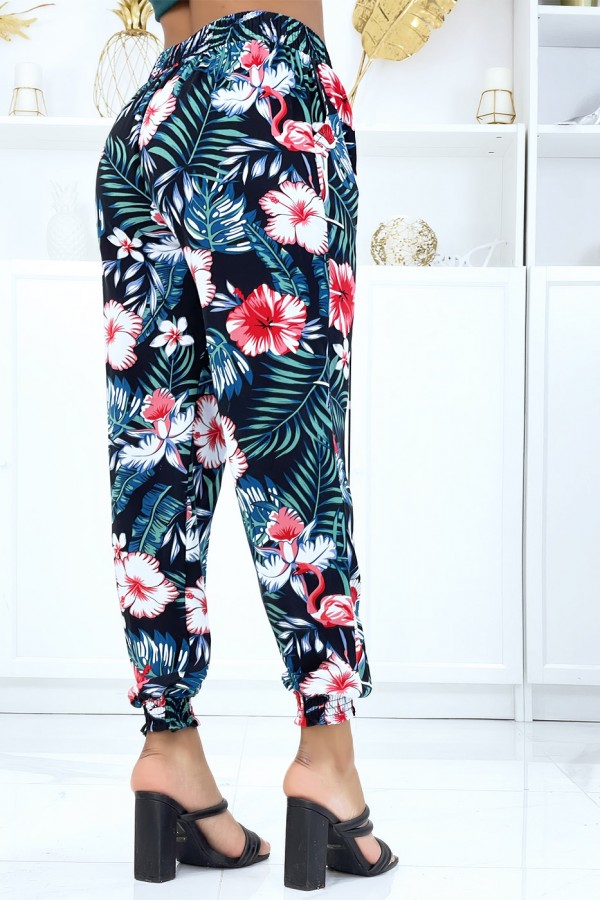 Pantalon noir à motif floral, fluide élastique à la taille et aux chevilles  - 3