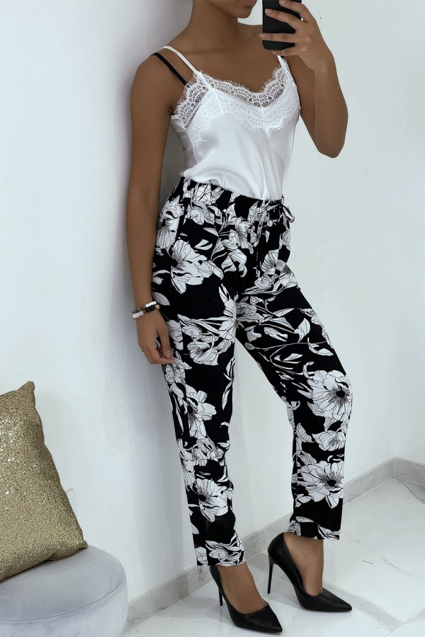 Pantalon fluide noir à motif floral B-54 - 6