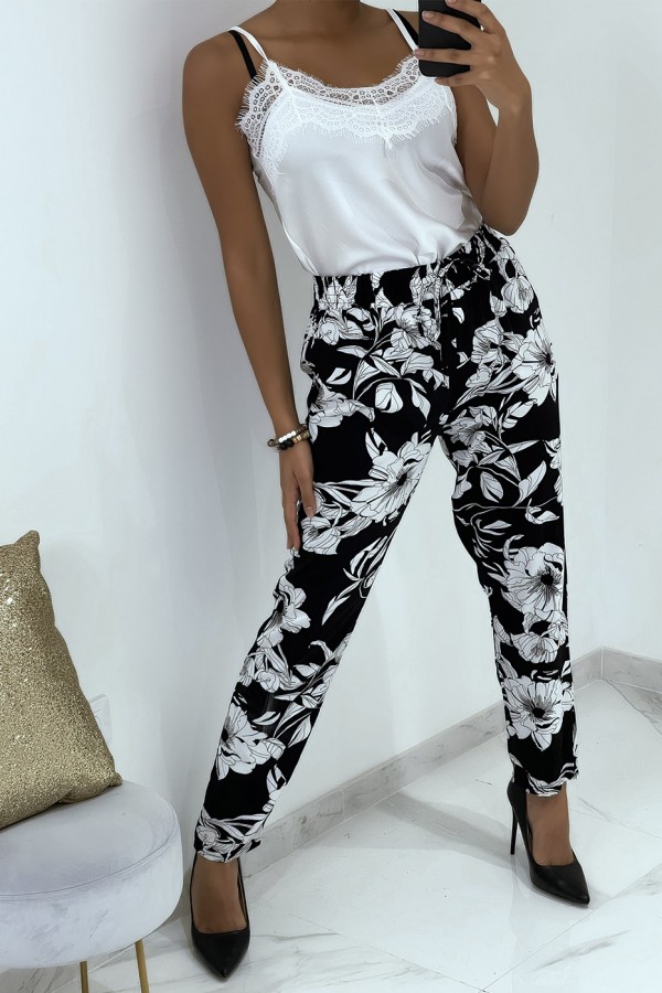 Pantalon fluide noir à motif floral B-54 - 7