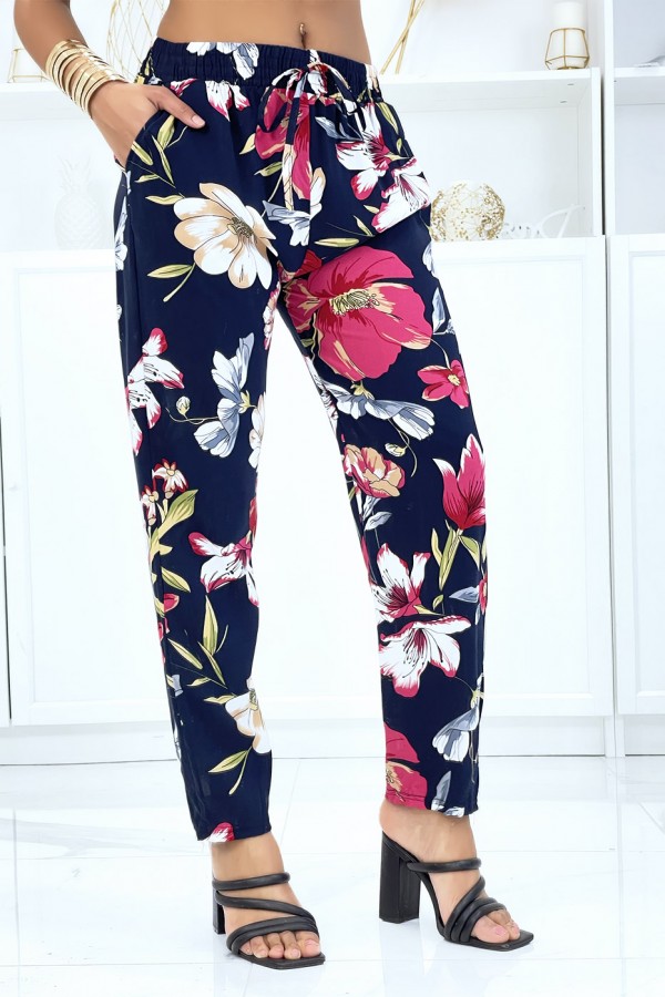 Pantalon marine à motif floral, fluide élastique à la taille - 2