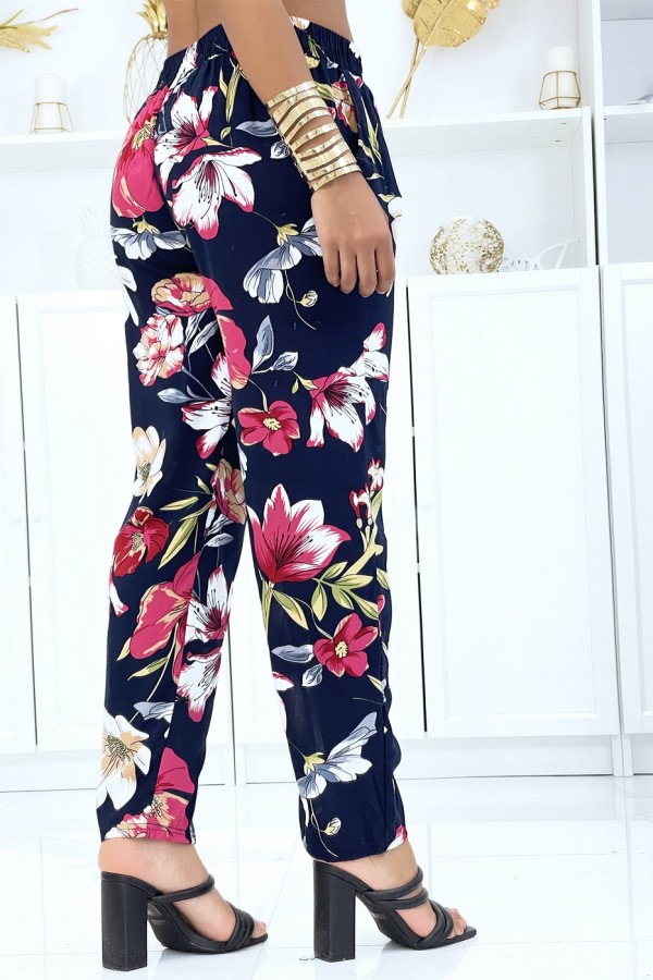 Pantalon marine à motif floral, fluide élastique à la taille - 3