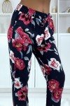 Pantalon fluide marine à motif floral B-11 - 1