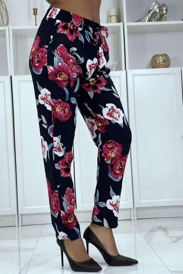 Pantalon fluide marine à motif floral B-11 - 2