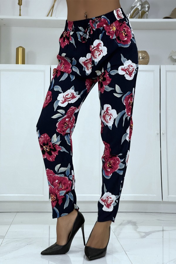 Pantalon fluide marine à motif floral B-11 - 4