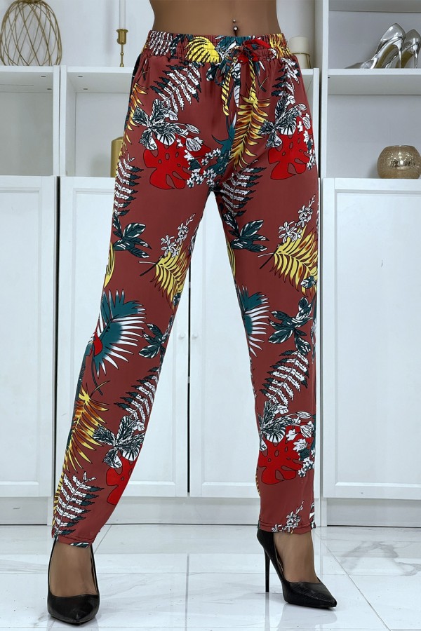 Pantalon fluide cognac à motif floral B-5 - 1