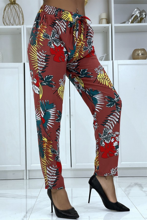 Pantalon fluide cognac à motif floral B-5 - 2