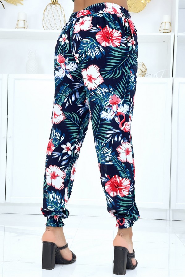 Pantalon marine à motif floral, fluide élastique à la taille et aux chevilles  - 3