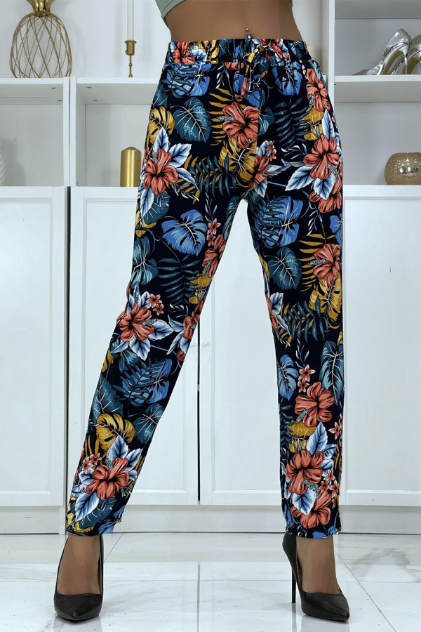 Pantalon fluide marine à motif floral B-29 - 1