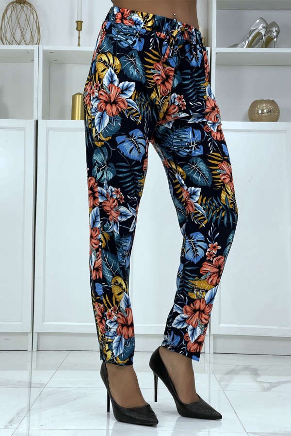 Pantalon fluide marine à motif floral B-29 - 2