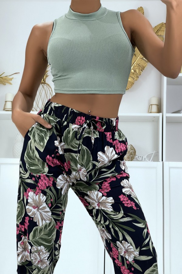 Pantalon fluide marine à motif floral B-21 - 4