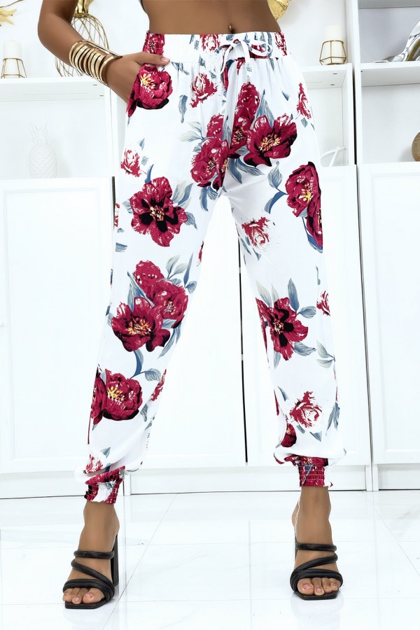 Pantalon blanc à fleurs fluide élastique à la taille et aux chevilles - 1