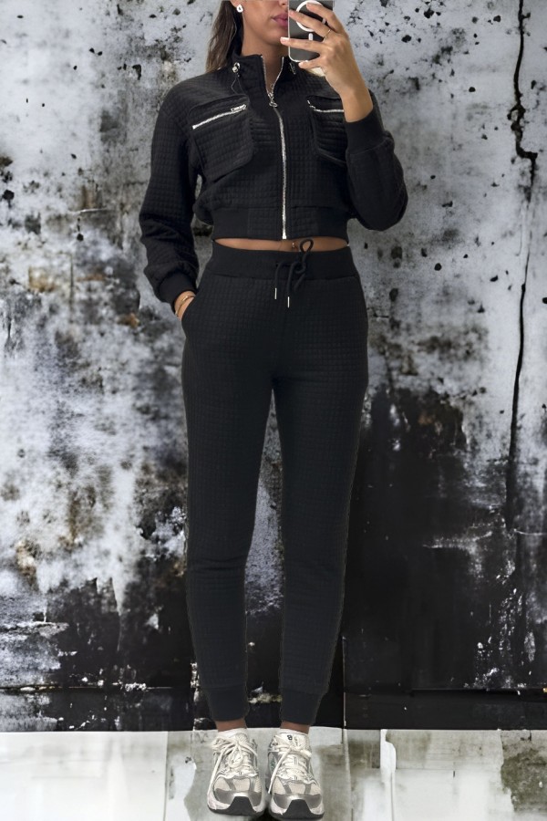 Ensemble matelassé jogging et sweat zippé noir très class - 1