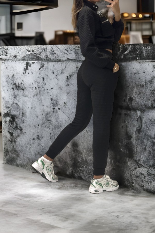 Ensemble matelassé jogging et sweat zippé noir très class - 2