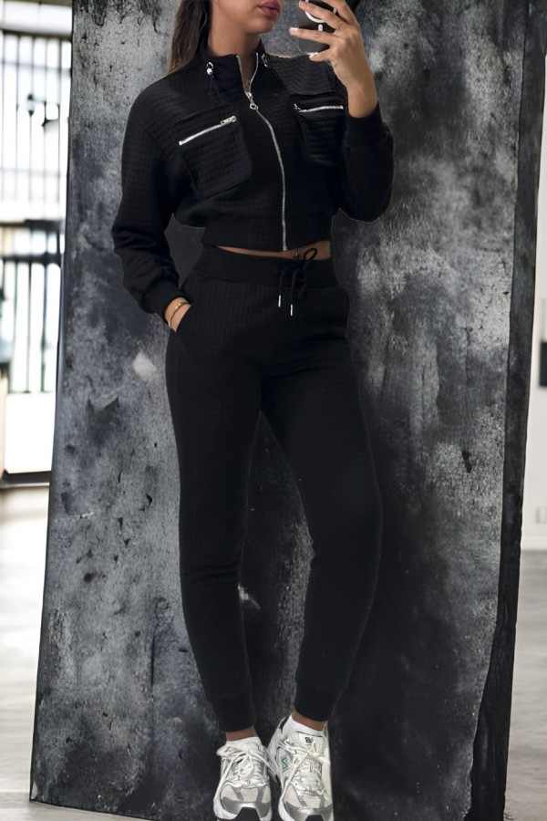 Ensemble matelassé jogging et sweat zippé noir très class - 3