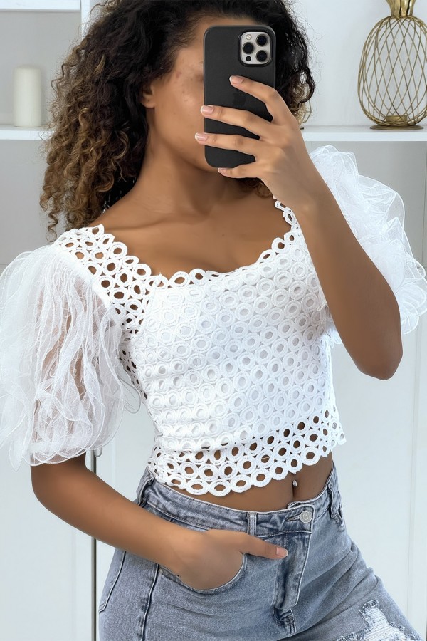 Crop top blanc à manches bouffantes - 1