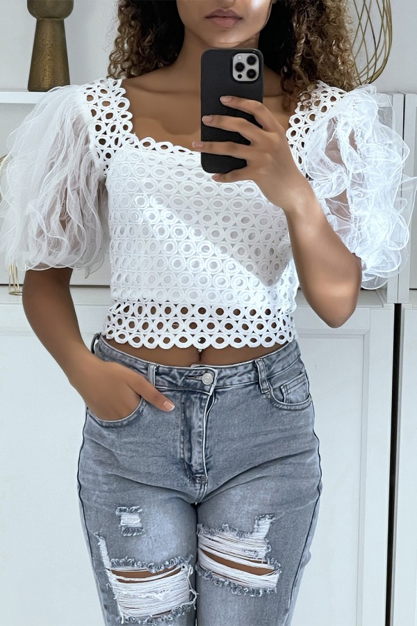 Crop top blanc à manches bouffantes - 2